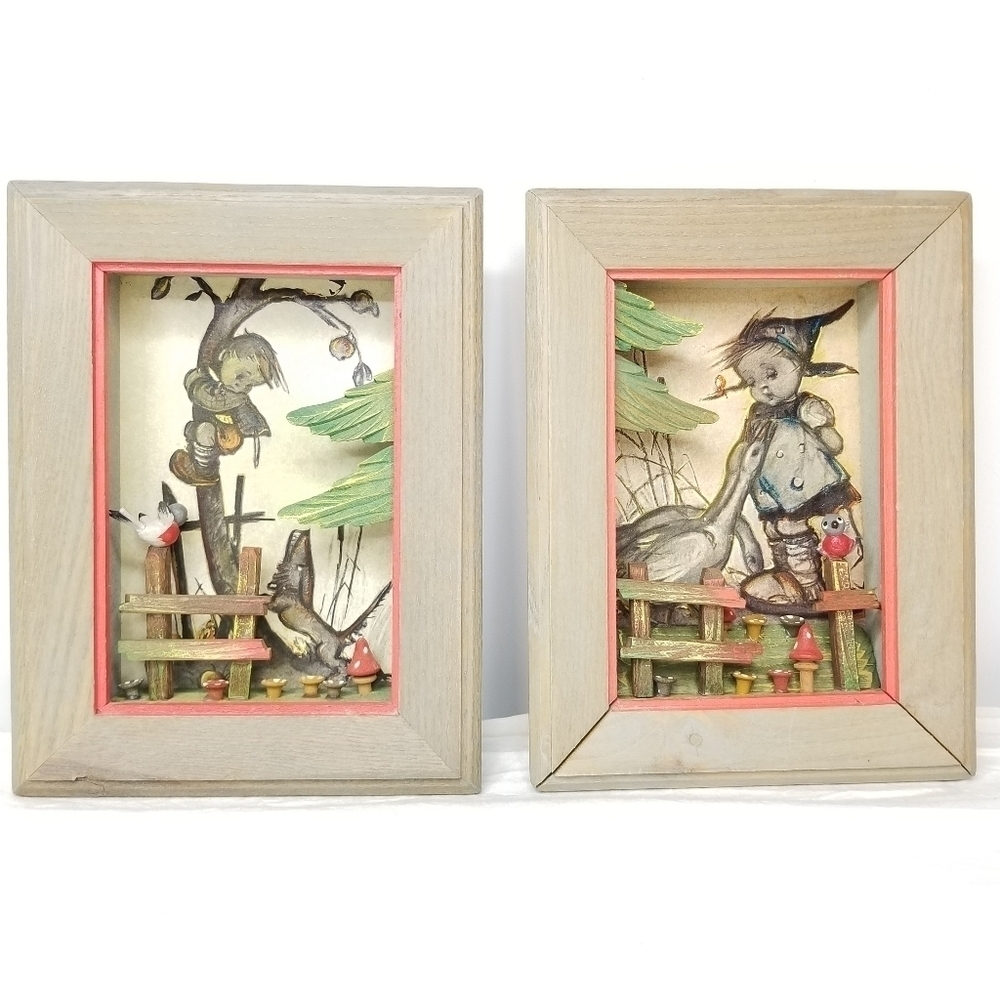 2 Vintage 3D Print Wooden Box Frames, Kid's and Baby's Room Decor